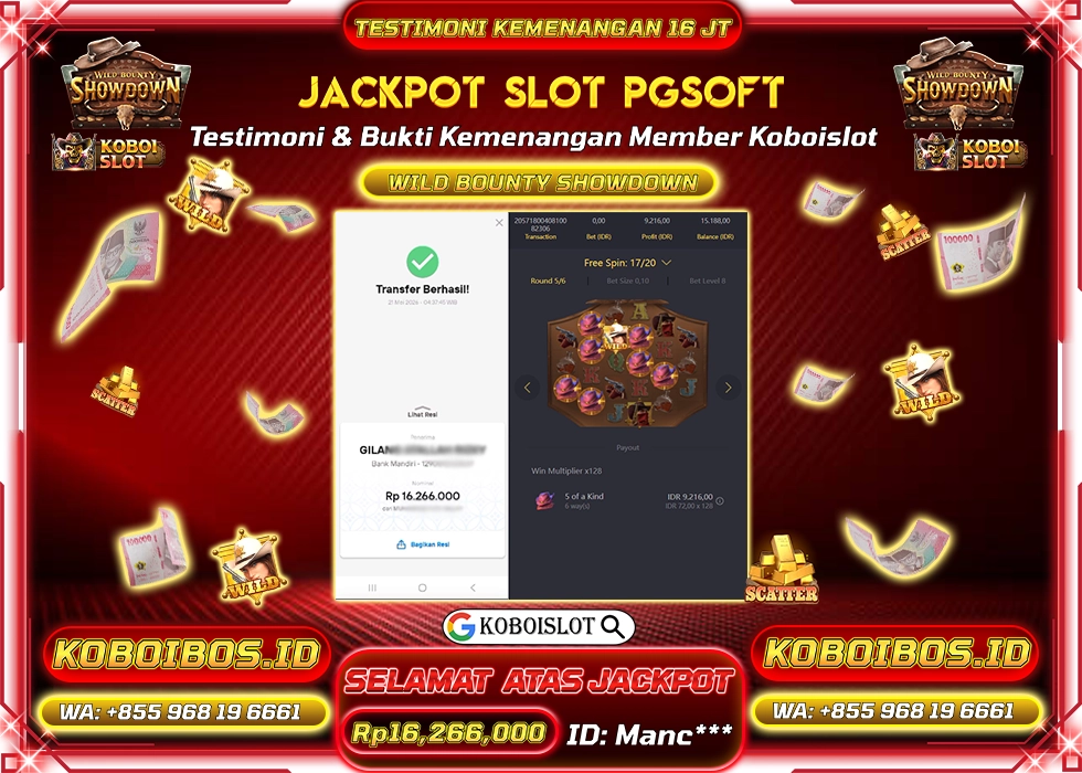 BUKTI KEMENANGAN Manc*** SLOT GACOR WILD BOUNTY SHOWDOWN Rp16.266.000,- LUNAS